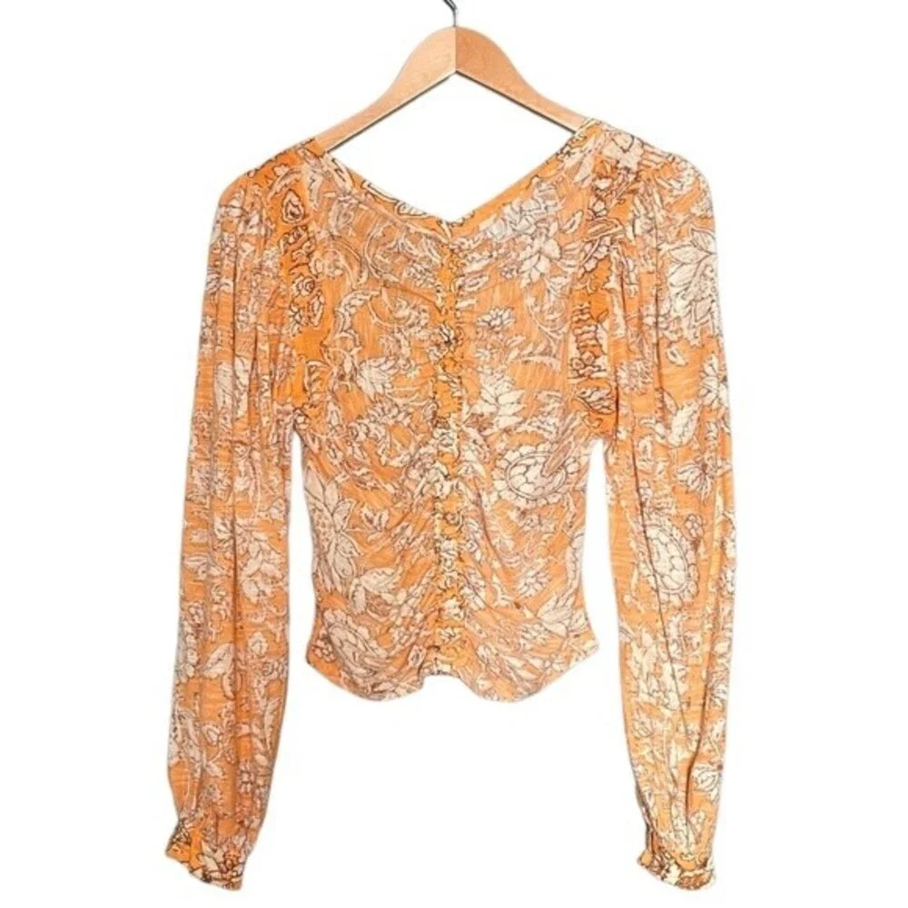 NWT Free People Shirt Say The Word Tee Long Sleeve Floral Ruched Top Size XS NEW